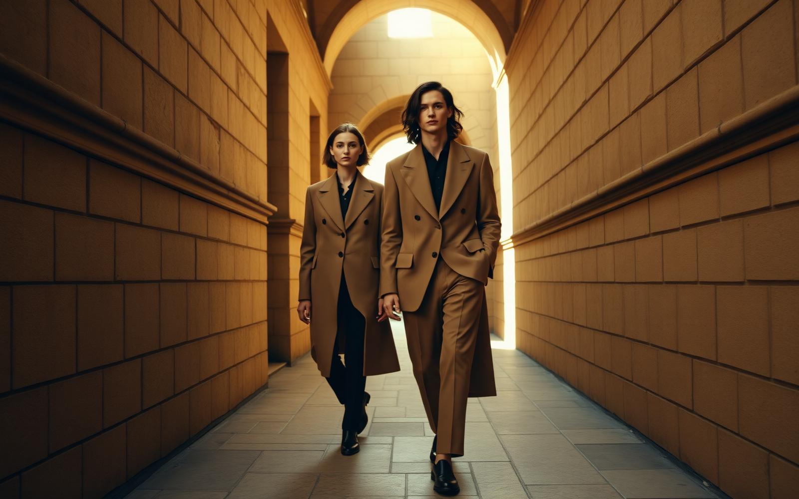 Two models in camel tailoring walking through a sunlit corridor